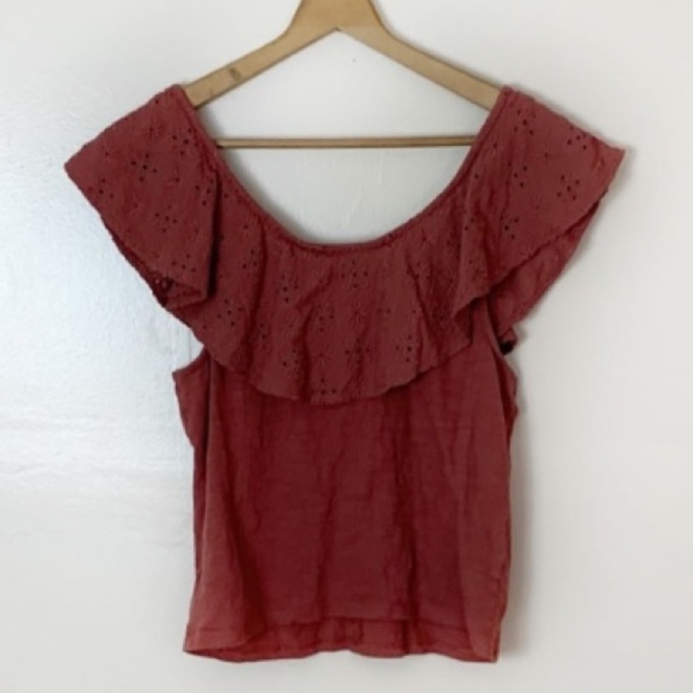 AEO Terracotta Copper Rust Embroidered Eyelet Lace Ruffle Crop Blouse Tank Top - Picture 4 of 10